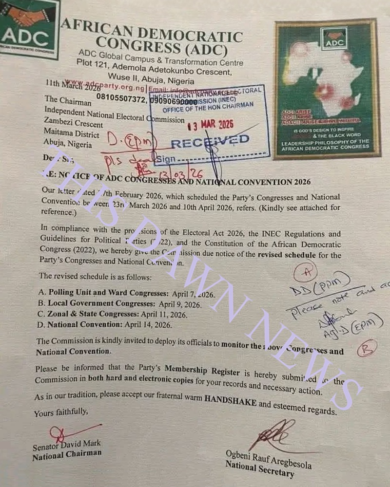 African Democratic Congress (ADC) notification to INEC ahead of the April 14, 2026, congress