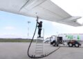 Aircraft refuels with aviation fuel ahead of a flight