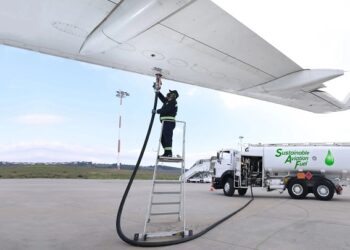 Aircraft refuels with aviation fuel ahead of a flight