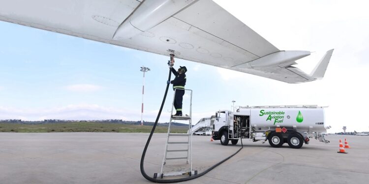Aircraft refuels with aviation fuel ahead of a flight