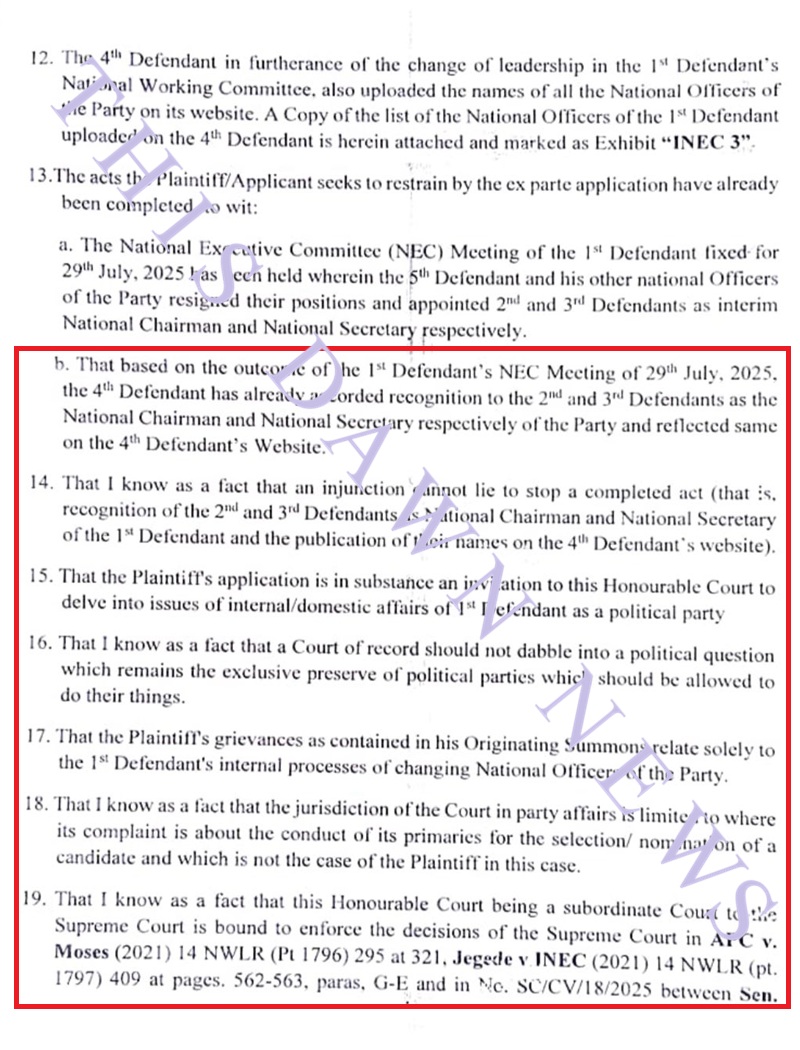 Page 3 of the affidavit revealing INEC's hypocrisy and revealing contradictions on the part of the electoral umpire