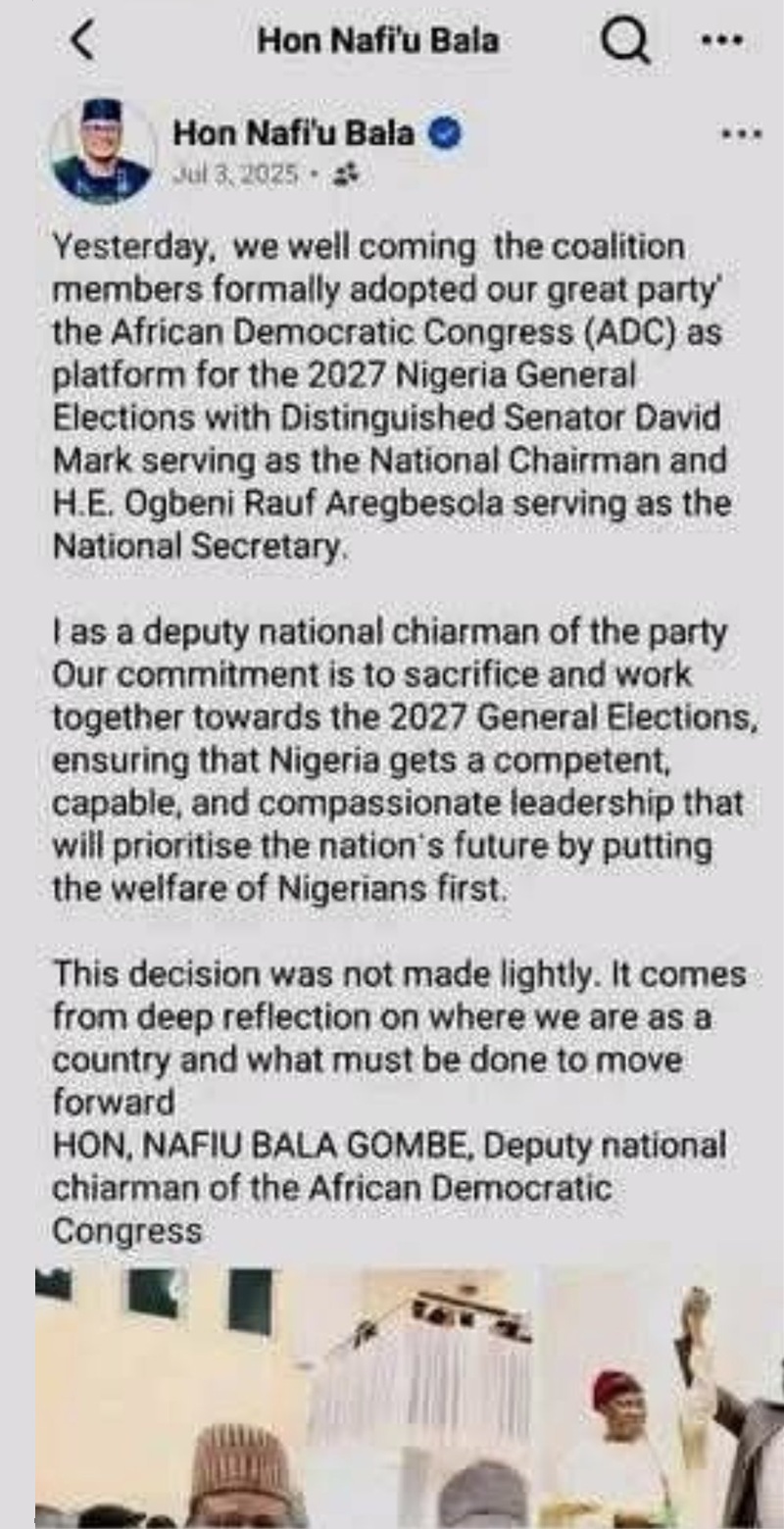 Nafi'u Bala's deleted posts showing him aligning himself with the new ADC leadership and identifying himself as Deputy National Chairman