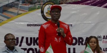 Anambra State Governor, Prof. Chukwuma Charles Soludo, speaking to Anambra indigenes at Cavendish Banqueting in Colindale, London