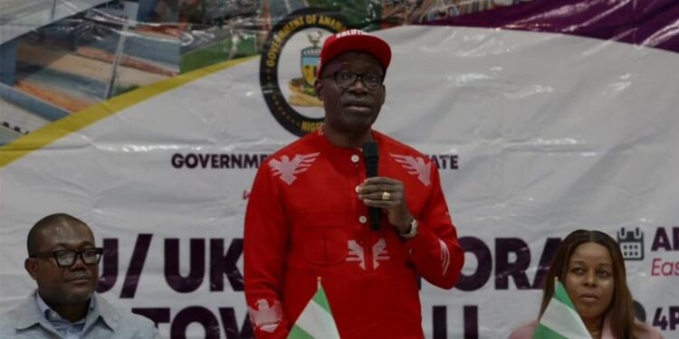 Anambra State Governor, Prof. Chukwuma Charles Soludo, speaking to Anambra indigenes at Cavendish Banqueting in Colindale, London