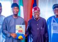 President Bola Ahmed Tinubu endorsing Lagos State Deputy Governor Obafemi Hamzat as APC consensus governorship candidate