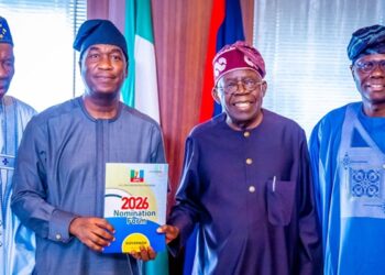 President Bola Ahmed Tinubu endorsing Lagos State Deputy Governor Obafemi Hamzat as APC consensus governorship candidate