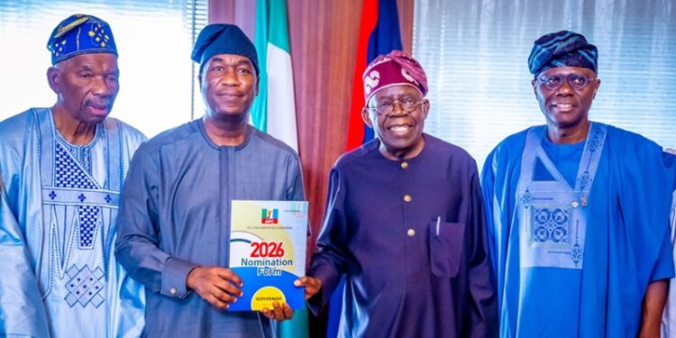 President Bola Ahmed Tinubu endorsing Lagos State Deputy Governor Obafemi Hamzat as APC consensus governorship candidate