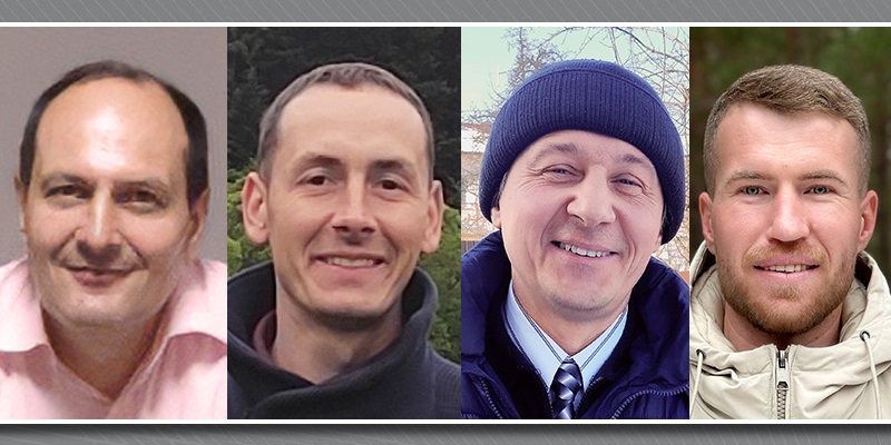 Four members of Jehovah's Witnesses jailed for refusal to join the army. Left to right: Serhii Myniov, Ruslan Khramtsov, Dmytro Petrov, and Dmytro Prodan