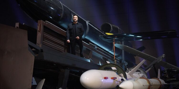 President Volodymyr Zelenskyy shows off one of Ukraine's ingenious equipment