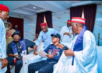 Peter Obi, Rabiu Musa Kwankwaso, Henry Seriake Dickson brainstorming with other NDC party stalwarts