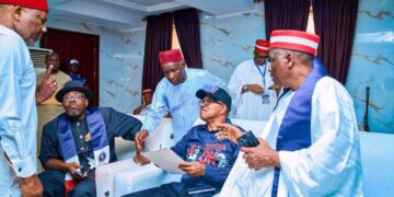Peter Obi, Rabiu Musa Kwankwaso, Henry Seriake Dickson brainstorming with other NDC party stalwarts