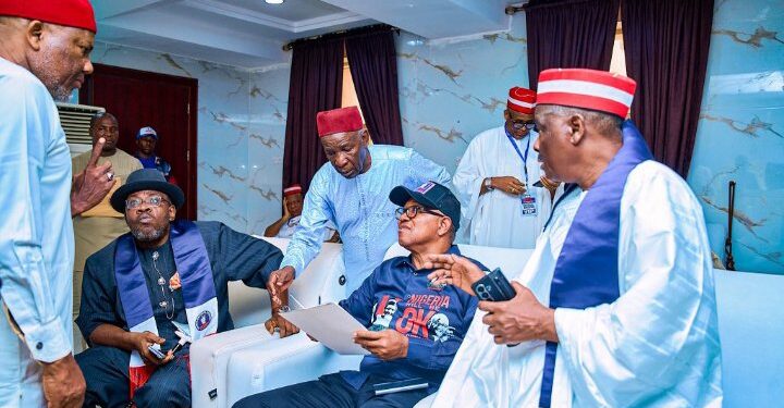 Peter Obi, Rabiu Musa Kwankwaso, Henry Seriake Dickson brainstorming with other NDC party stalwarts
