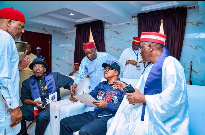 Peter Obi, Rabiu Musa Kwankwaso, Henry Seriake Dickson brainstorming with other NDC party stalwarts