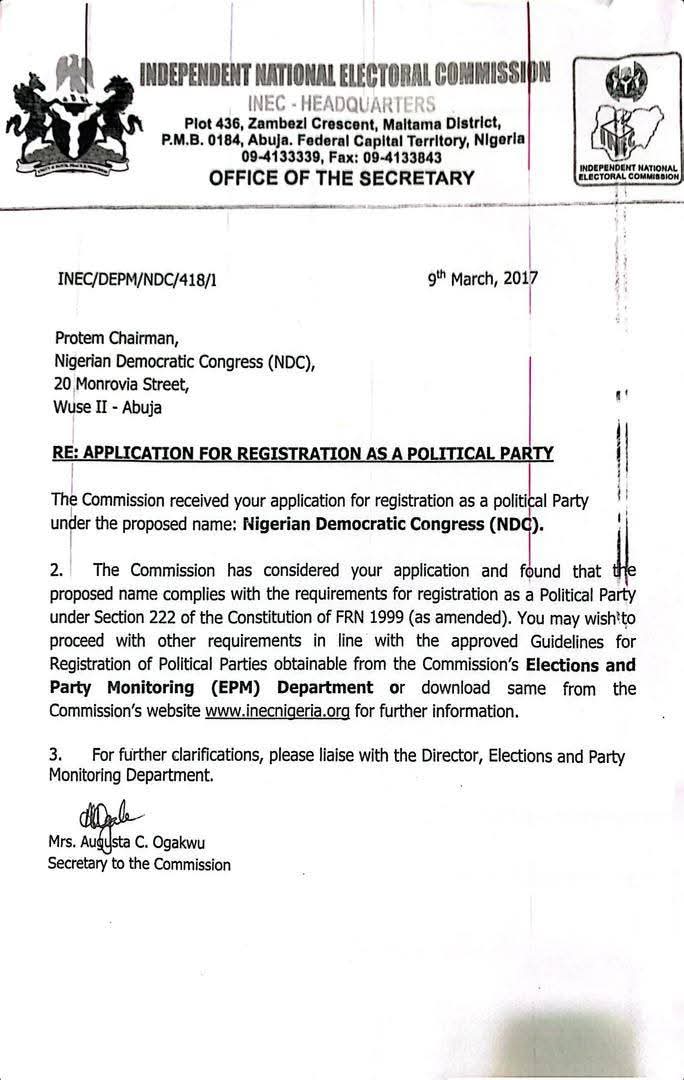 INEC letter acknowledging receipt and preliminary approval of NDC’s application for registration as political party