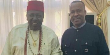 The Regent of Lorji Nwekeukwu Autonomous Community, Aboh Mbaise LGA, Dr. Ugorji Okechukwu Ugorji (Odoziobodo Mbaise) with Eze Imo and Chairman of Southeast Council of Traditional Rulers, HRM Eze Dr. E. C. Okeke, CFR.