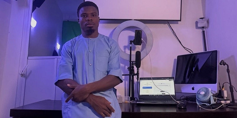 Nigerian activist, Mark Chidiebere Justice, aka Justice Crack, in his office