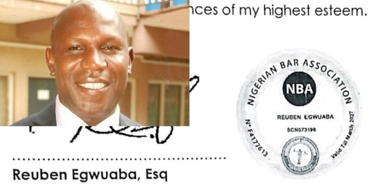 Nigeria Democratic Congress (NDC) National Legal Adviser, Barrister Reuben Egwuaba's resignation letter with the controversial NBA seal