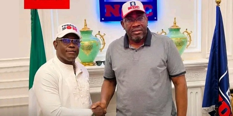 Blessing Fubara Snr., received in Abuja by former Bayelsa Governor Seriake Dickson after he formally defected from APC to NDC