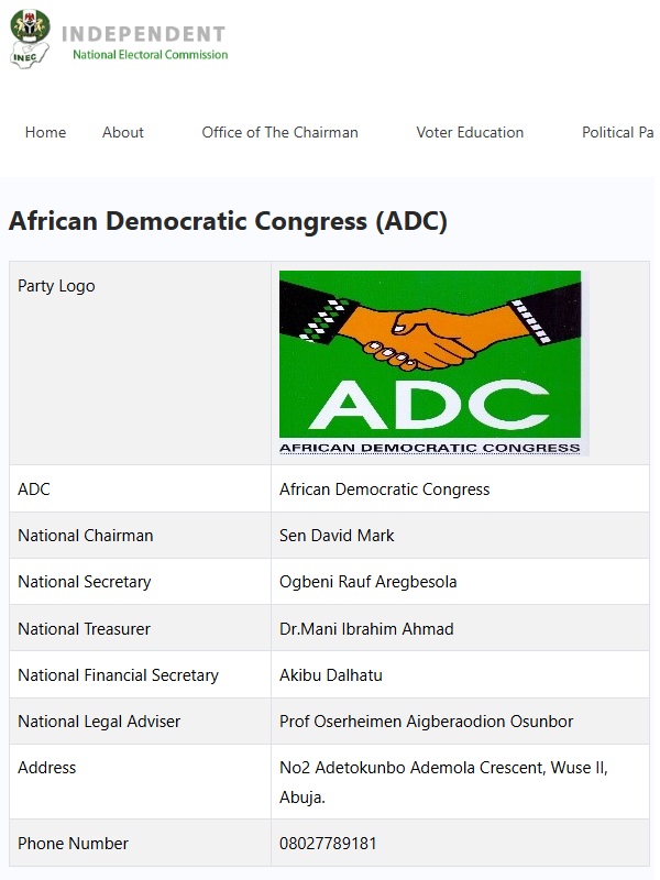 Independent National Electoral Commission (INEC) reinstates names of ADC National Chairman, David Mark, along with members of his National Executive Committee, on its official website