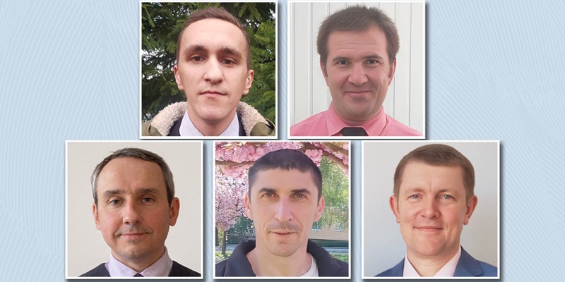 From left to right, top row: Jehovah's Witnesses — Zenovii Zhabiak and Kostiantyn Perevozenko. Bottom row: Oleksii Holoviatynski, Zoltan Demesh, and Mykhailo Diavoliuk