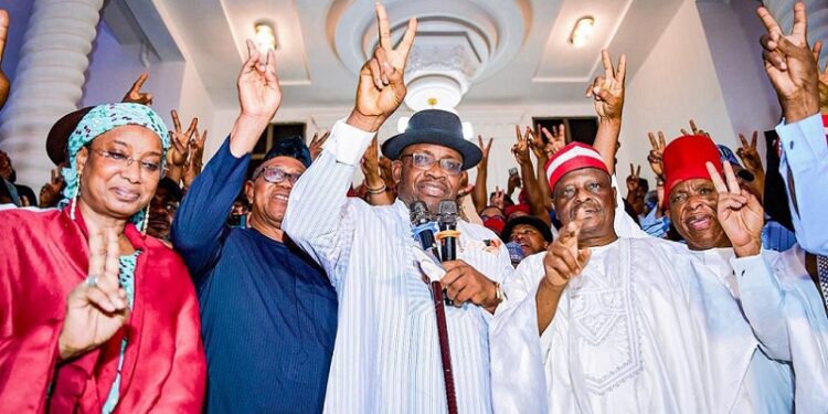 Peter Obi, henry Seriake Dickson, and Rabiu Musa Kwankwaso while declaring for NDC