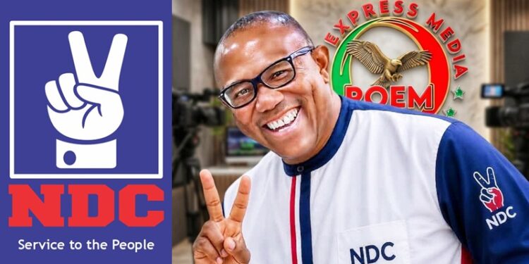 Peter Obi displays NDC victory sign with POEM logo at the background