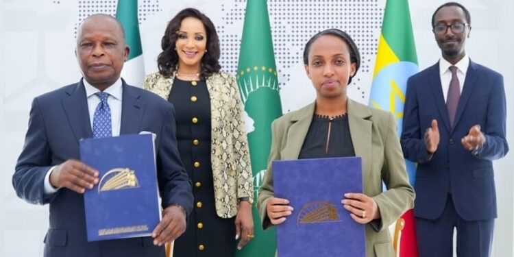 Minister of Foreign Affairs, Bianca Odumegwu‑Ojukwu, Ethiopia’s Minister of Foreign Affairs, H.E. Gedion Timothewos, Nigeria’s Attorney General and Minister of Justice, Prince Lateef Fagbemi, and Ethiopia’s Justice Minister, Hanna Arayaselassie, sign Transfer of Sentenced Persons Agreement