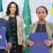 Minister of Foreign Affairs, Bianca Odumegwu‑Ojukwu, Ethiopia’s Minister of Foreign Affairs, H.E. Gedion Timothewos, Nigeria’s Attorney General and Minister of Justice, Prince Lateef Fagbemi, and Ethiopia’s Justice Minister, Hanna Arayaselassie, sign Transfer of Sentenced Persons Agreement