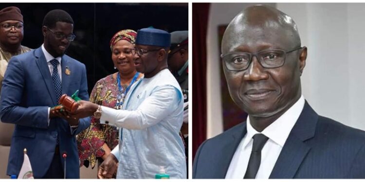 (Top L-R) Faye taking the mantle of ECOWAS Chair of Authority from Bio & Gen. Diop (Right)