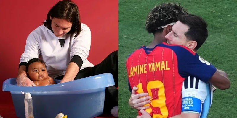 (Left) Lionel Messi bathes Baby Lamine Yamal (Right) Lionel Messi faces young Lamine Yamal in the pitch