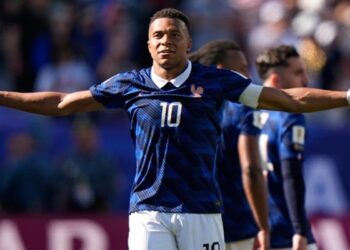 Kylian Mbappé of France celebrates a goal