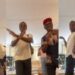 Anambra State Governor Chukwuma Charles Soludo with wife, Nonye Soludo, and son, Ozonna, practicing the latter's dance steps