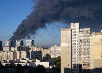 Smoke rising after a Russian air attack on Kyiv on August 29, 2026. Serhii Okunev/AFP/Getty Images