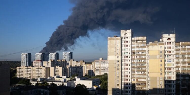Smoke rising after a Russian air attack on Kyiv on August 29, 2026. Serhii Okunev/AFP/Getty Images
