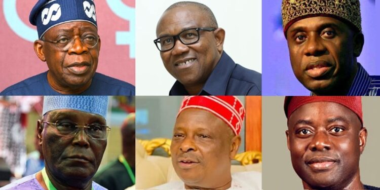 Bola Ahmed Tinubu, Peter Obi, Atiku Abubakar, Rabiu Musa Kwankwaso, Seyi Makinde, and Rotimi Amaechi