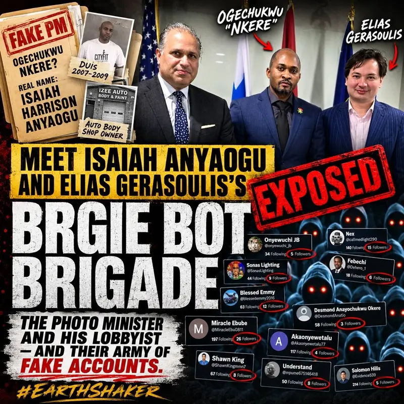 Biafra Republic Government in Exile (BRGIE) leadership and Washington lobbyist Elias Gerasoulis accused of exploiting the Biafra cause for political influence and financial gain in USA