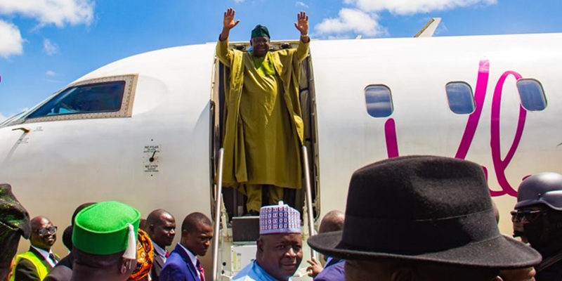 Plateau State Governor Caleb Manasseh Mutfwang disembarking from a chattered flight