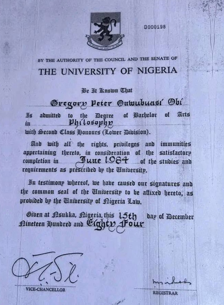 Peter Obi Bachelor of Arts degree in Philosophy