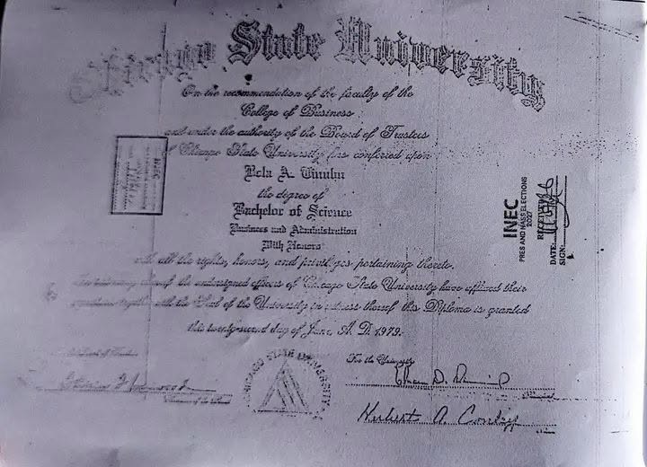 The purported Chicago State University certificate of Bola Ahmed Tinubu
