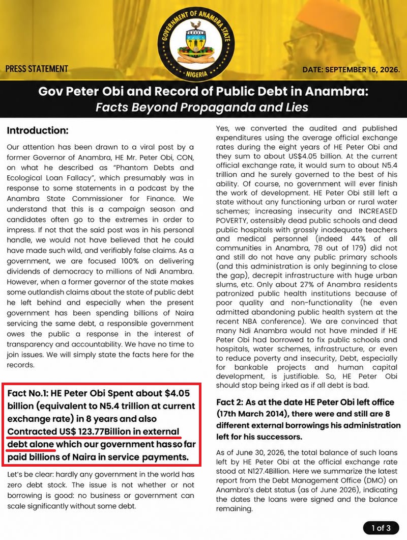 Alleged Peter Obi's debt profile as former Anambra State governor
