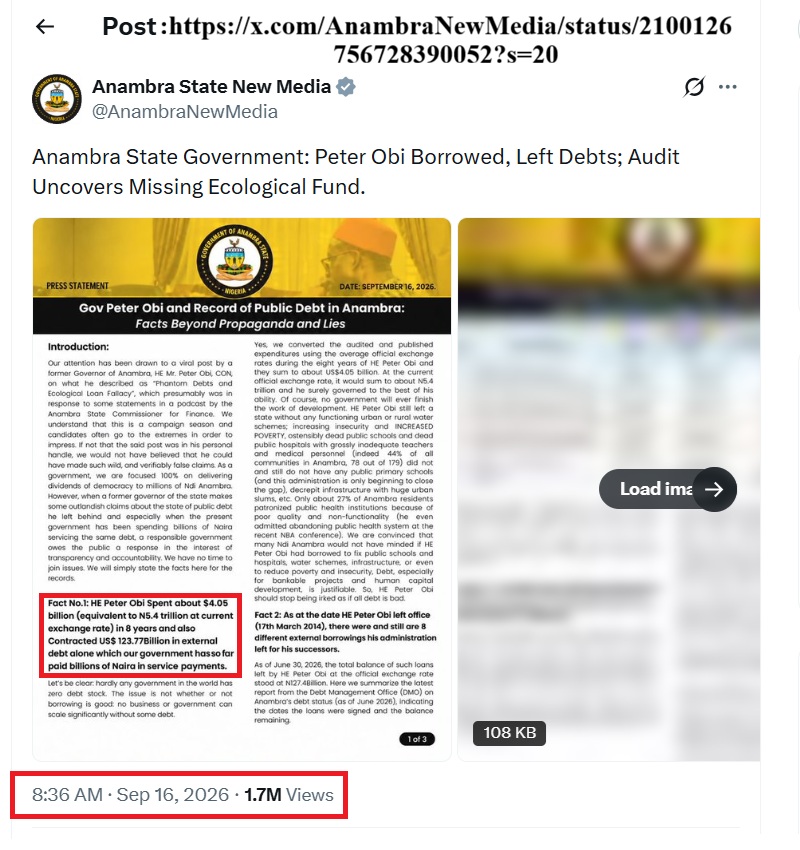 Tweeted copy of the alleged Peter Obi's debt profile as former Anambra State governor