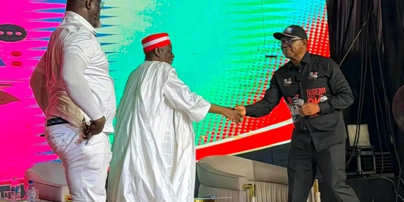 Nigeria Democratic Congress (NDC) presidential candidate, Mr. Peter Obi, welcomes his running mate, Senator Dr. Rabiu Musa Kwankwaso, to the NDC Port Harcourt town hall