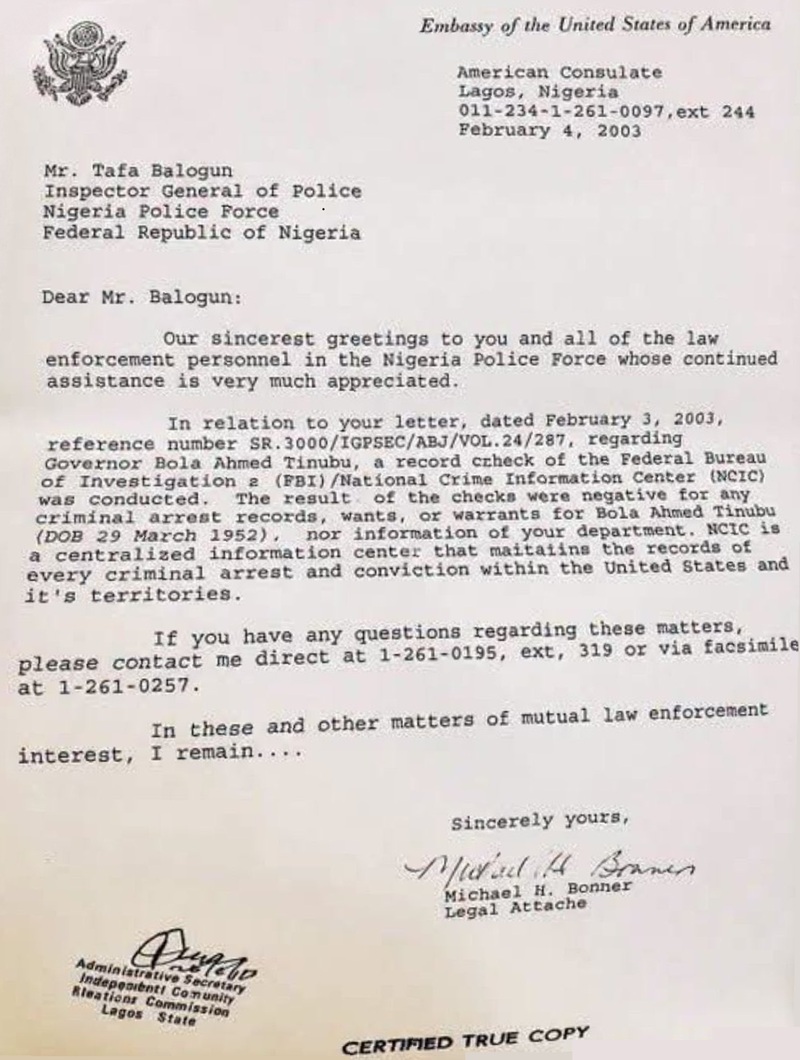 Oluwakemi Oyefeso raised doubts about the letter dated February 4, 2003, purportedly from the Embassy of the United States of America in Lagos respecting Bola Ahmed Tinubu