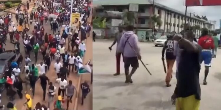 Supporters of the Nigeria Democratic Congress (NDC) presidential ticket of Peter Obi and Rabiu Kwankwaso confronted and repelled suspected APC political thugs during a march in Delta State, September 18, 2026