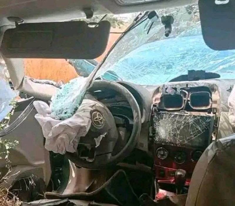 The wrecked car involved in the accident